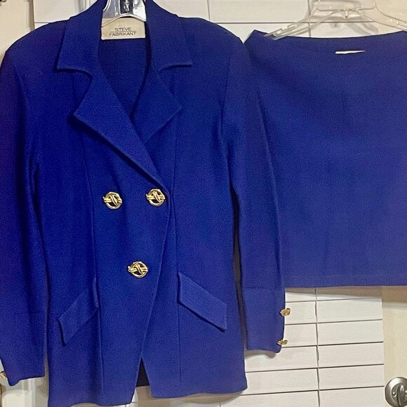 Vtg Blue STEVE FABRIKANT Santana Knit Wool Blend GOLD BUTTONS 2pc SKIRT SUIT PM! - Picture 1 of 6